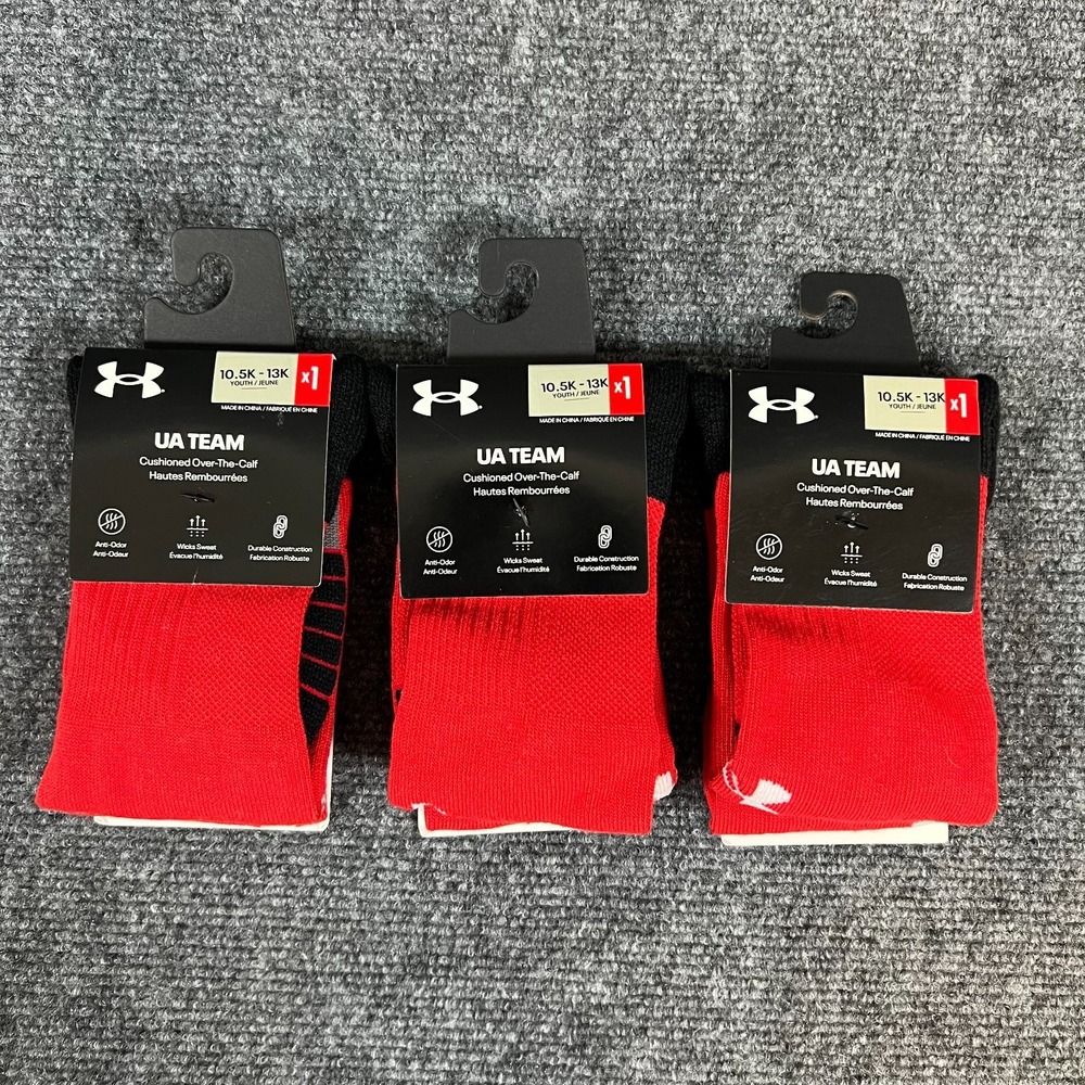 3-Pair Under Armour Youth UA Team Over The Calf Socks | Red | 10.5K-13K | NWT